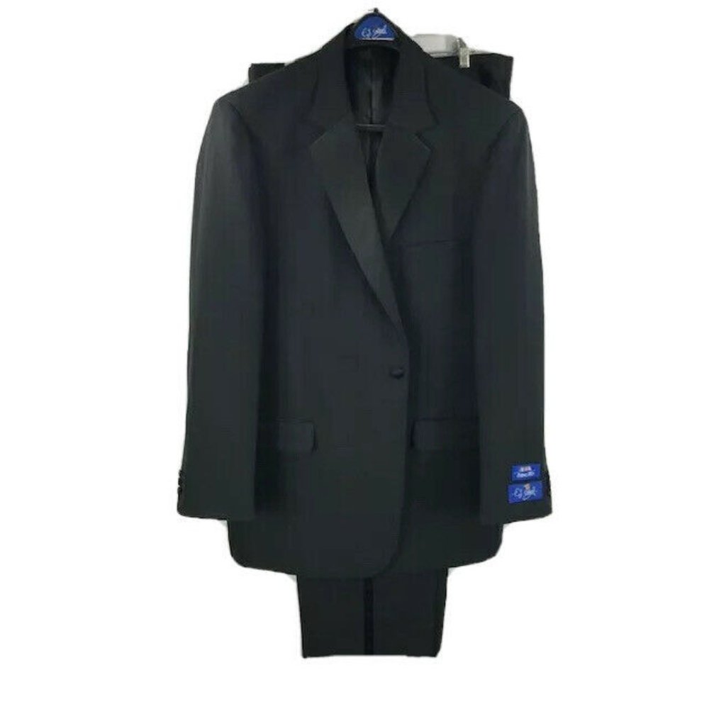 E.J. Samuel Men's Black 2 Piece Tuxedo Suit Satin Trim Pleated Front Pants